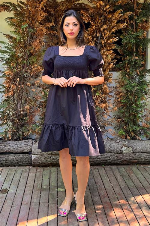 Neşeli Butik Kadın Siyah Yeni Sezon Eteği Fırfırlı Kare Yaka Kısa Elbise Snp008 