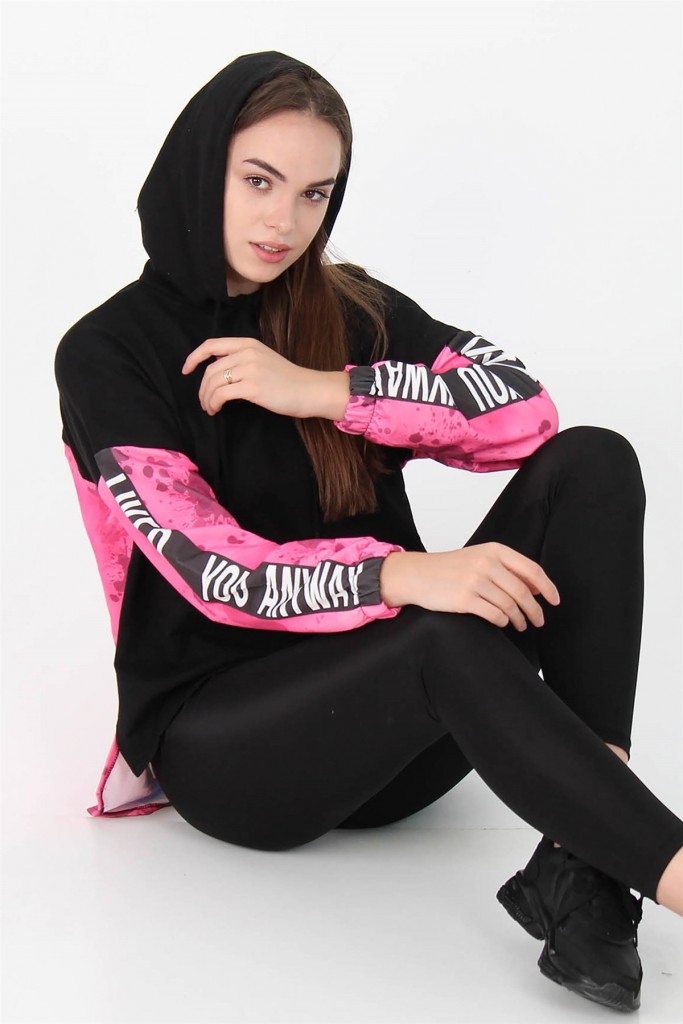 Neşeli Butik Kadın Siyah Yeni Sezon Kapüşonlu Baskı Detaylı Sweatshirt Sy001
