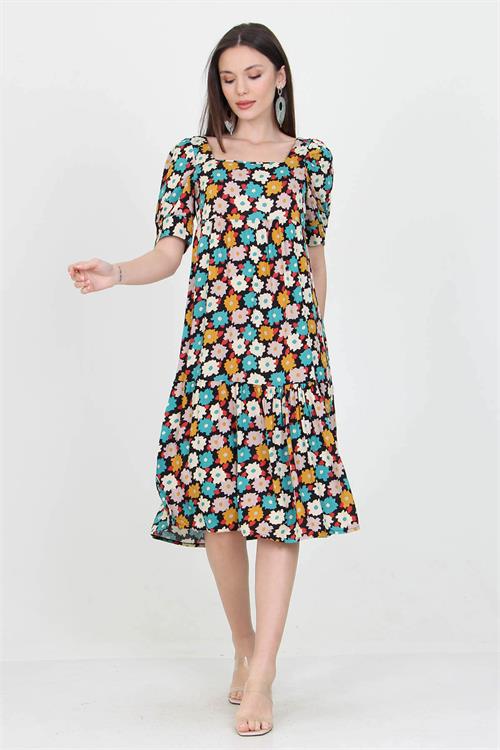 Neşeli Butik Kadın Turkuaz Kare Yaka Eteği Fırfırlı Çiçek Desenli Viskon Elbise Nb10026 