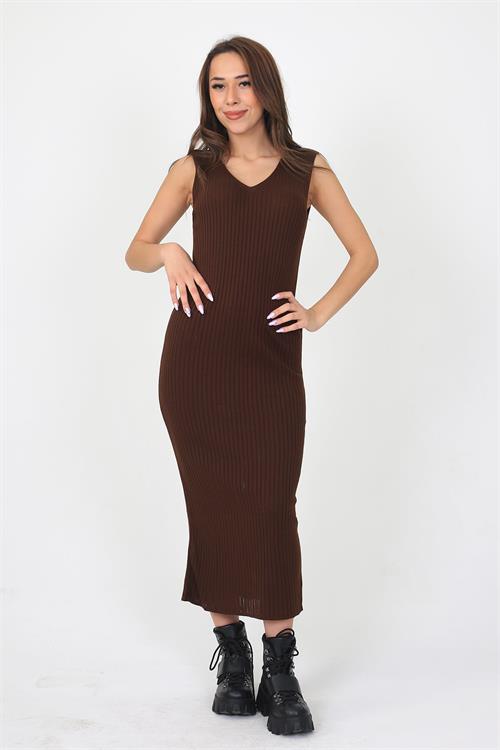 Neşeli Butik Kadın V Yaka Triko Elbise Takımı Lptr20 - Kahverengi 