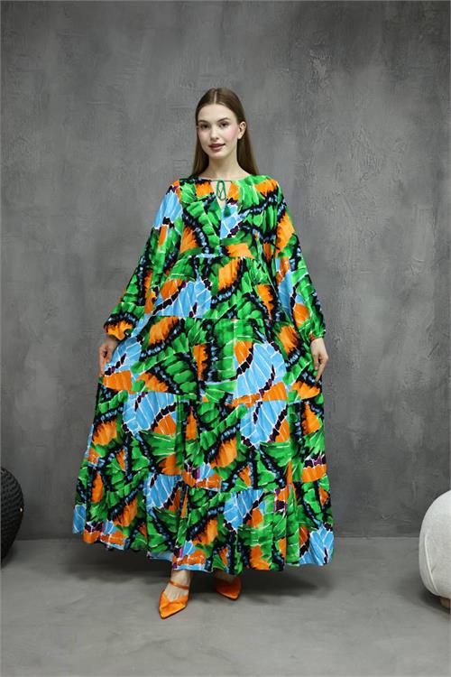 Neşeli Butik Kadın Yakası Bağlama Detaylı Yazlık Viskon Elbise Nbrs03 
