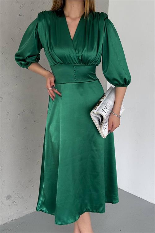 Neşeli Butik Kadın Yeşil Vatkalı Düğme Detaylı Saten Elbise Nbk2070 
