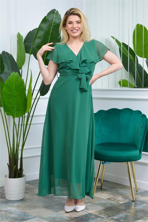 Neşeli Butik Kadın Zümrüt Yeşili Kruvaze Yaka Bağlama Detaylı Astarlı Şifon Elbise Kts001 