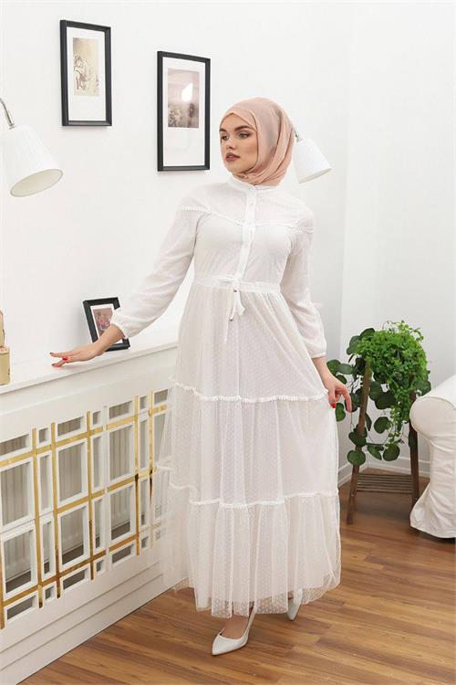 Neşeli Butik Kadını Tül Beli Büzgülü Tesettür Elbise Rssn44 - Beyaz 