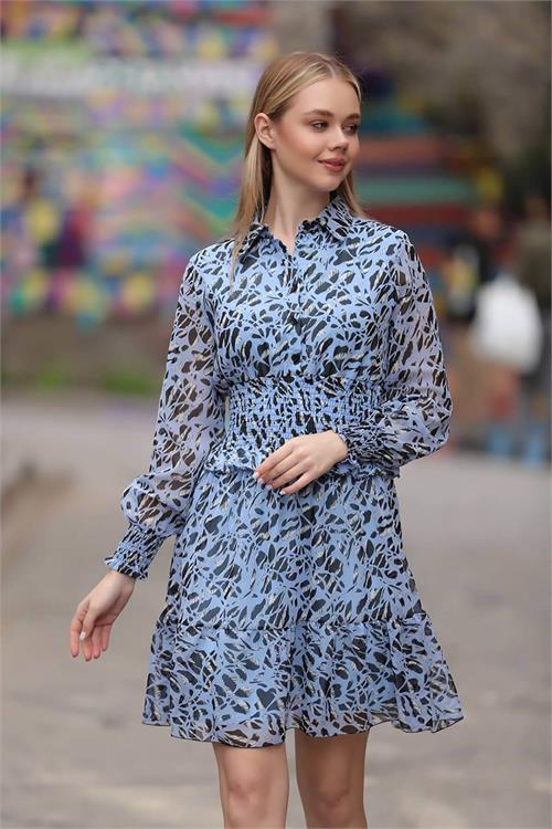 Neşeli Butik Mavi Kadın Gipeli Gömlek Yaka Mini Şifon Elbise Rssn23 
