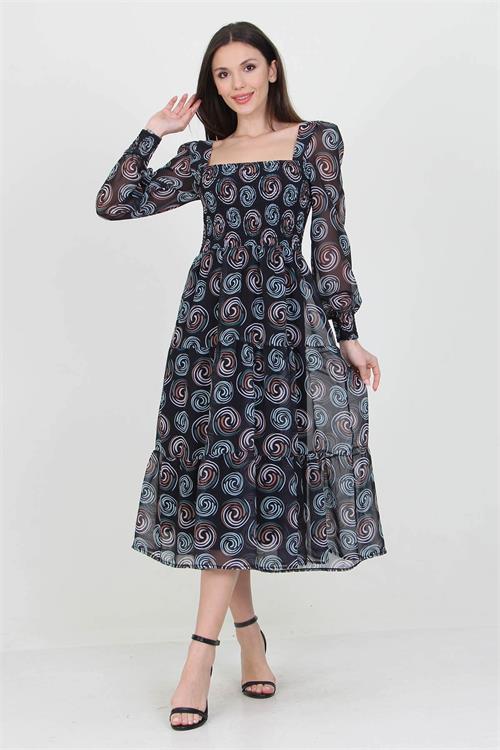 Neşeli Butik Siyah Kadın Siyah Gipeli Kare Yaka Desenli Şifon Elbise Nb100361 
