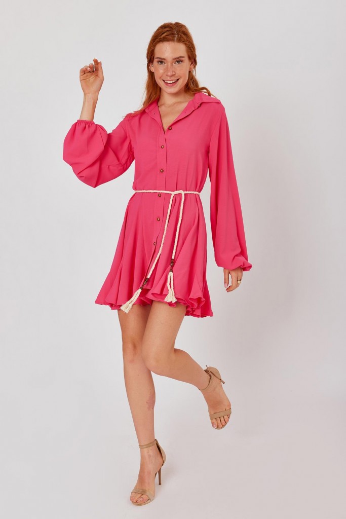 Eteği Fırfırlı Kuşaklı Pembe Mini Peplum Elbise