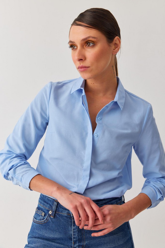 Kadın Düz Mavi Renk Poplin Basıc Ofis Gömlek