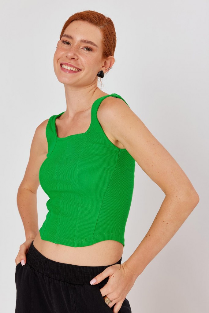 Kadın Fıstık Yeşil Fitilli Örme Kare Yaka Kısa Atlet