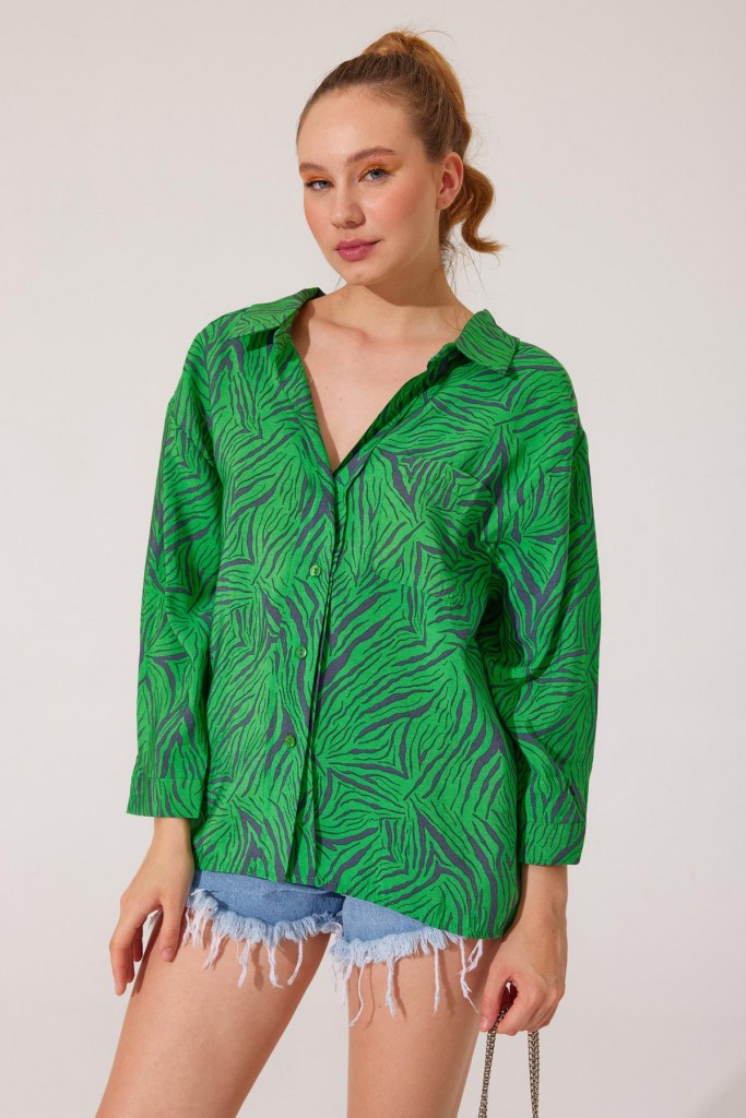 Kadın Füme Yeşil Zebra Desen Uzun Kollu Oversize Gömlek