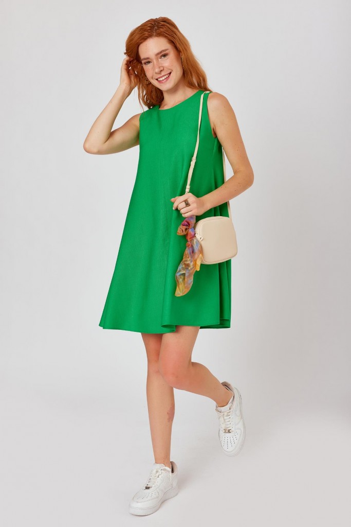 Yeşil Kolsuz Eteği Çan Arkası Fermuarlı Elbise