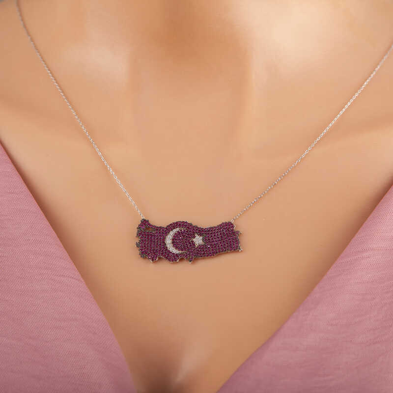 925 Ayar Gümüş Ay Yıldız Türkiye Haritası Kadın Kolye