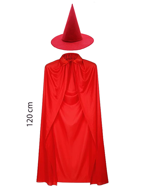 Yetişkin Boy 120 Cm Kırmızı Yakalı Pelerin Ve Kırmızı Cadı Şapkası