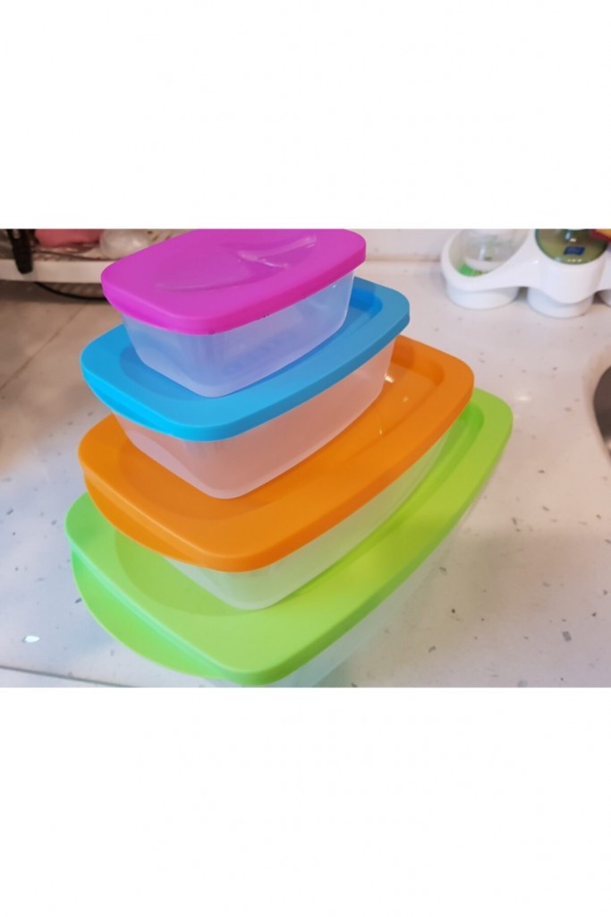 4 Parça Dikdötgen Plastik Saklama Kabı Kapaklı Renkli Iç Içe Geçen