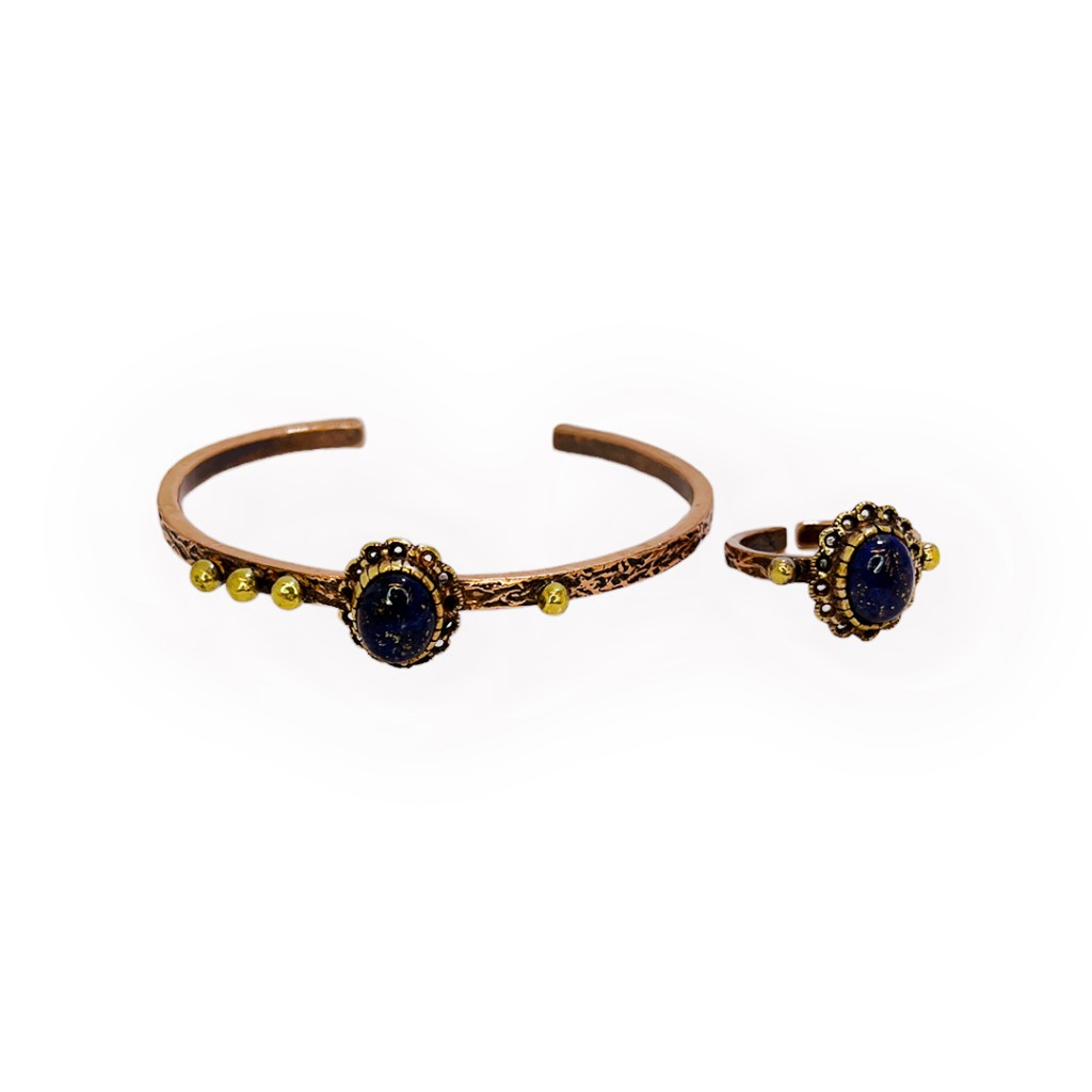Lapis Lazuli Doğal Taşlı Bakır Bileklik Ve Yüzük