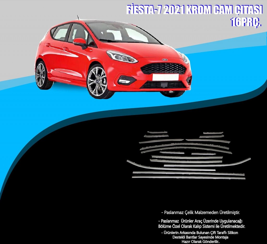 Ford Fiesta 2021 Sonrası Uyumlu Krom Cam Çerçevesi 16 Parça (2018+)