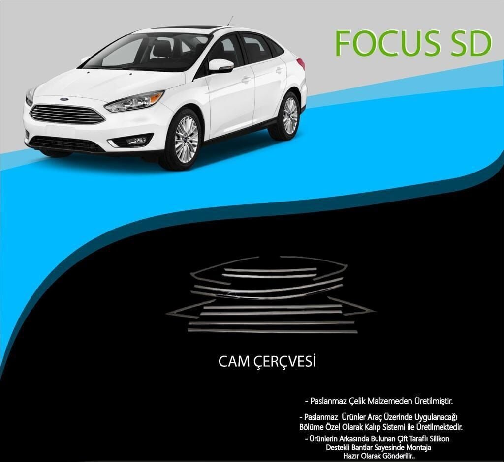 Ford Focus Uyumlu 3 Sedan Krom Cam Çerçevesi Paslanmaz Çelik 12 Parça