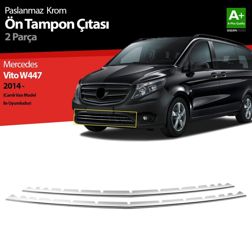 Mercedes Vito Uyumlu W447 Krom Ön Tampon Çıtası 2 Parça. 2014 Üzeri Camlı Van