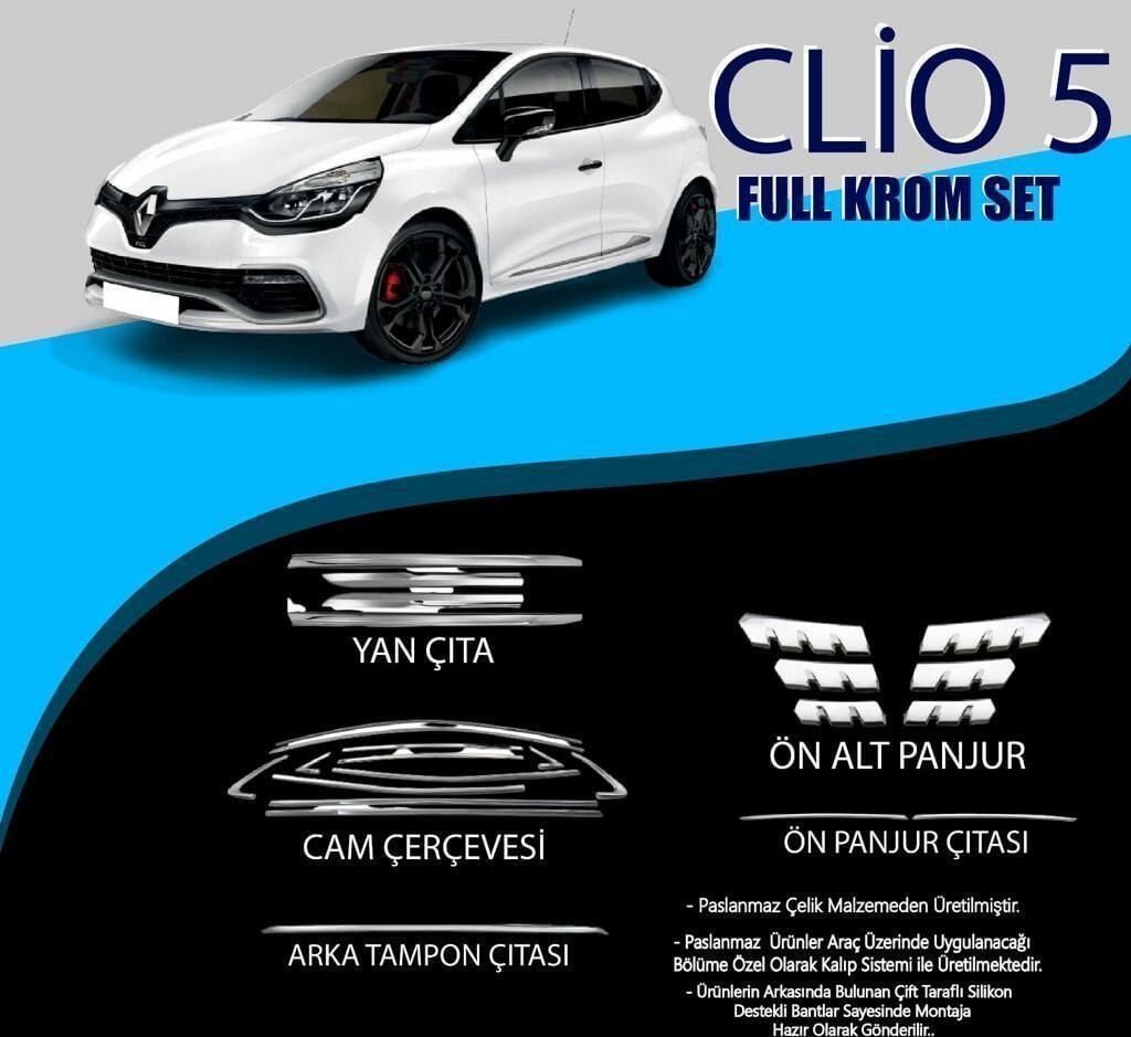Renault Clio Uyumlu 4 Krom Set (Cam Çerçeve.-Yan Kapı Çıt.-Ön Alt Panjur-Arka Tampon Çıt.-Ön Panjur Çıt.) Parça Clio 4 (2012-2019)