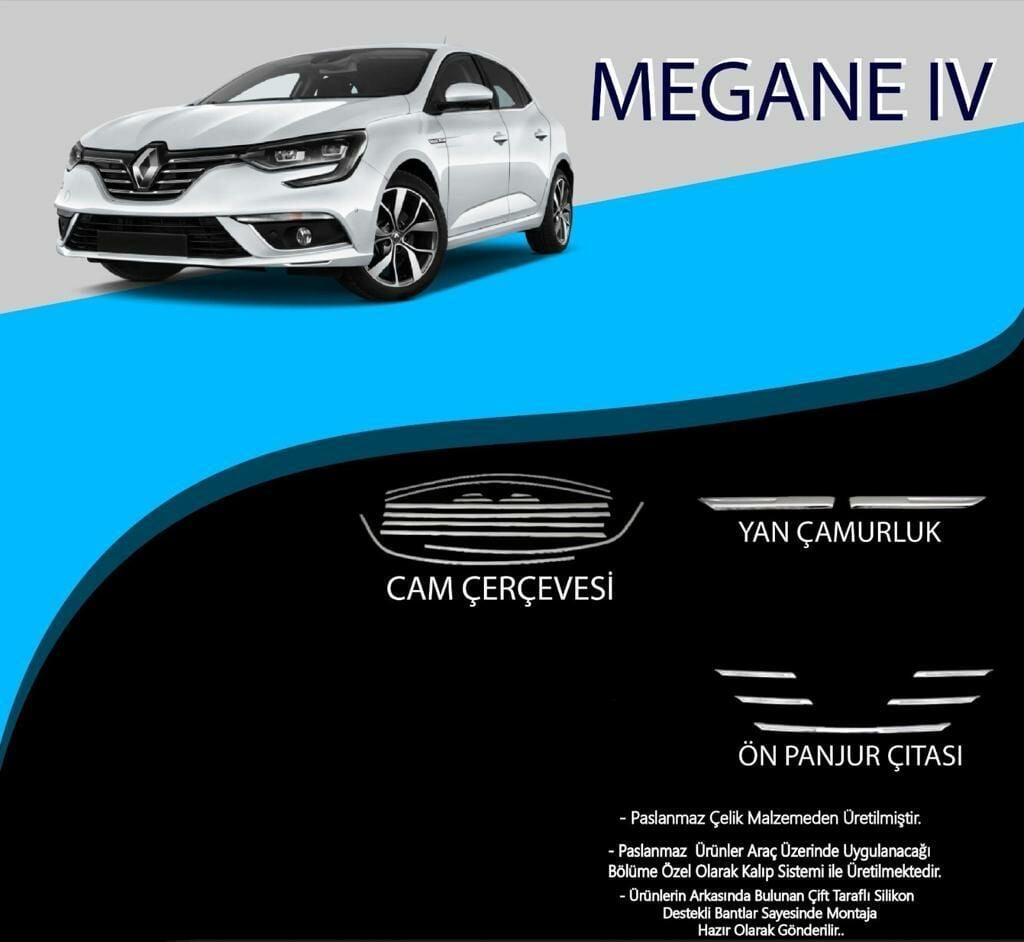 Renault Megane Uyumlu 4 Cam Çerçevesi-Yan Çamurluk-Ön Panjur Çıtası Set Parça Megane 4 (2016+)