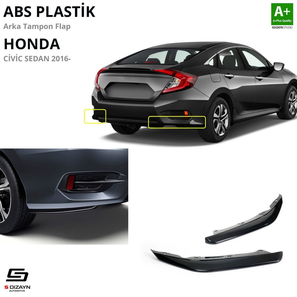 S-Dizayn Honda Civic Fc5 Abs Plastik Arka Tampon Flap Parlak Siyah 2016-2021 A+Kalite