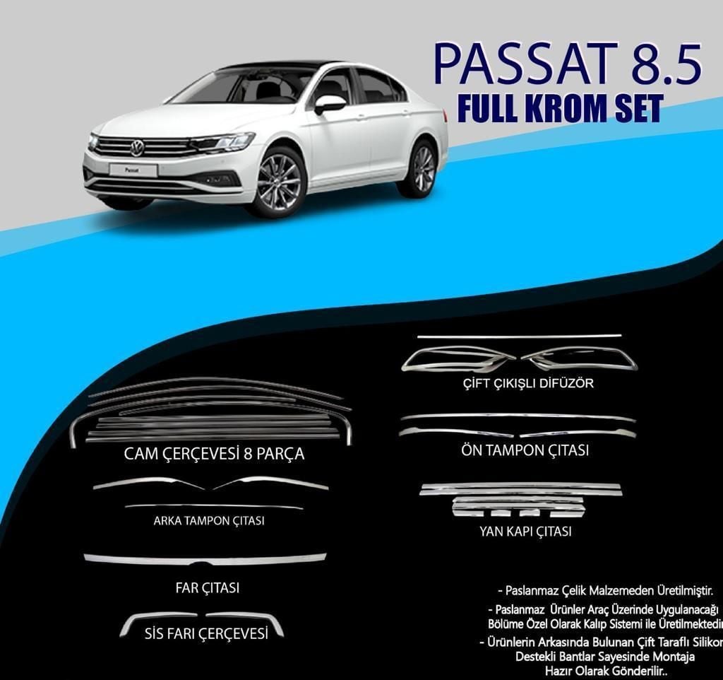 Volkswagen Passat Uyumlu B8.5 Krom Set (Cam Çerçeve.-Yan Kapı Çıt.-Difüzör Çıta-Ön Tampon Çıta.-Arka Tampon Çıt.-Far Çıtası.- Sis Farı Çıtası) Parça Passat B8.5 (2018+)