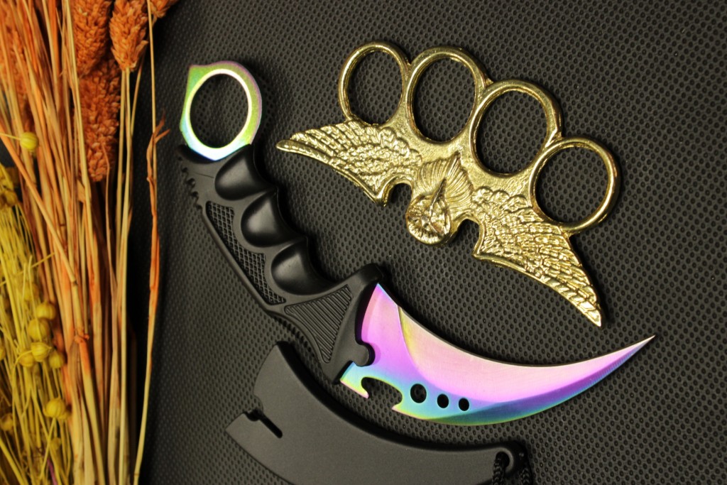 Rainbow Kılıflı Oval Garambit Bıçak Ve Gold Baykuş Mustalı Set