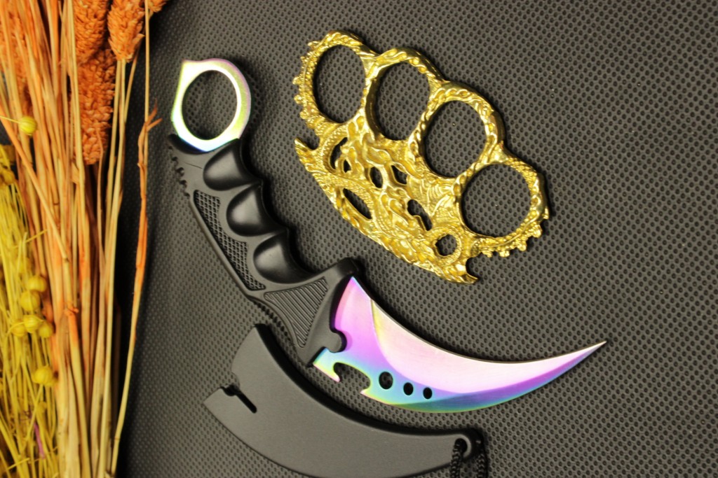 Rainbow Kılıflı Oval Garambit Bıçak Ve Gold Ejderha Mustalı Set