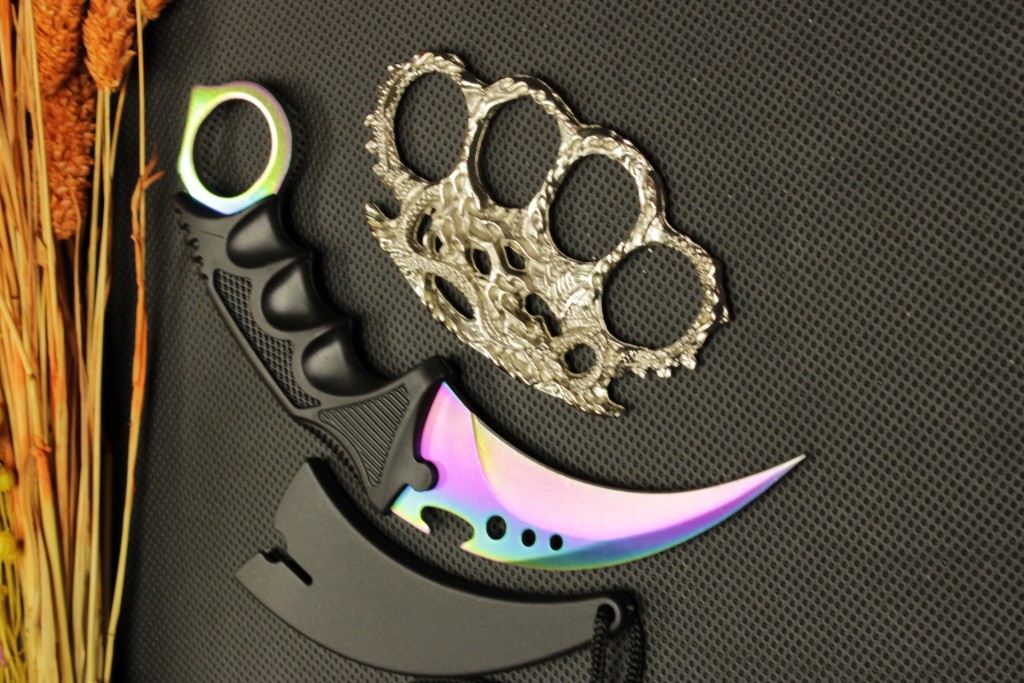 Rainbow Kılıflı Oval Garambit Bıçak Ve Gümüş Ejderha Mustalı Set