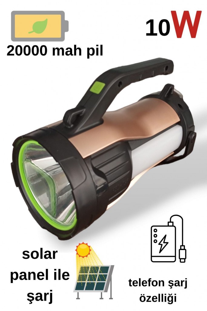 Ultra Güçlü 7 Farklı Moda Sahip Güneş Enerjili Powerbank Özellikli El Feneri T96
