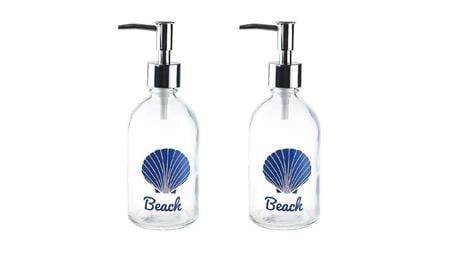 Banyo Seti Cam Sıvı Sabunluk 2 Adet,Plaj Yazılı 6X6X10Cm 250Ml