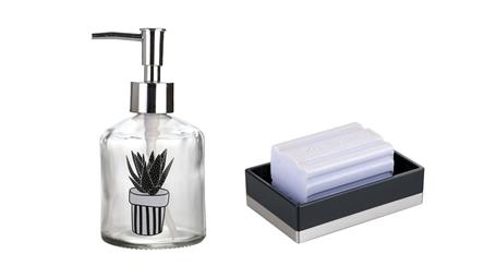 Banyo Seti,Bitki Desenli Cam Sıvı Sabunluk Ve Akrilik Siyah Sabunluk 