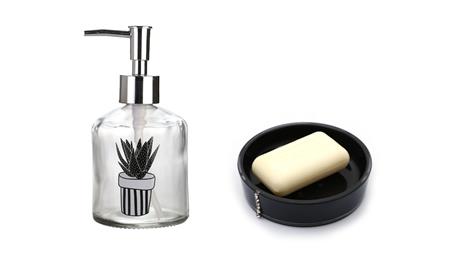 Banyo Seti,Bitki Desenli Cam Sıvı Sabunluk Ve Akrilik Siyah Taşlı Sabunluk 