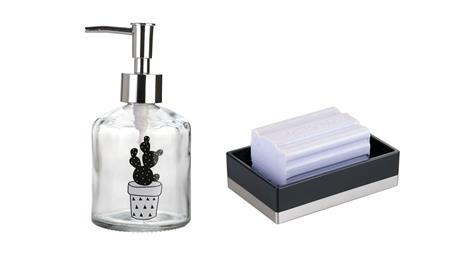Banyo Seti,Kaktüs Desenli Cam Sıvı Sabunluk Ve Akrilik Siyah Sabunluk 