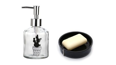 Banyo Seti,Kaktüs Desenli Cam Sıvı Sabunluk Ve Akrilik Siyah Taşlı Sabunluk 