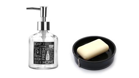 Banyo Seti,Siyah Etiketli Cam Sıvı Sabunluk Ve Akrilik Siyah Taşlı Sabunluk 