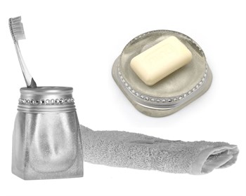 Sabunluk Diş Fircalik 2Li  Banyo Seti,Kristal Taşlı Gümüş Poliresin