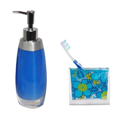 Sıvı Sabunluk,Diş Fırçalık 2 Li Banyo Seti,Gri Mavi Ve Çiçekli