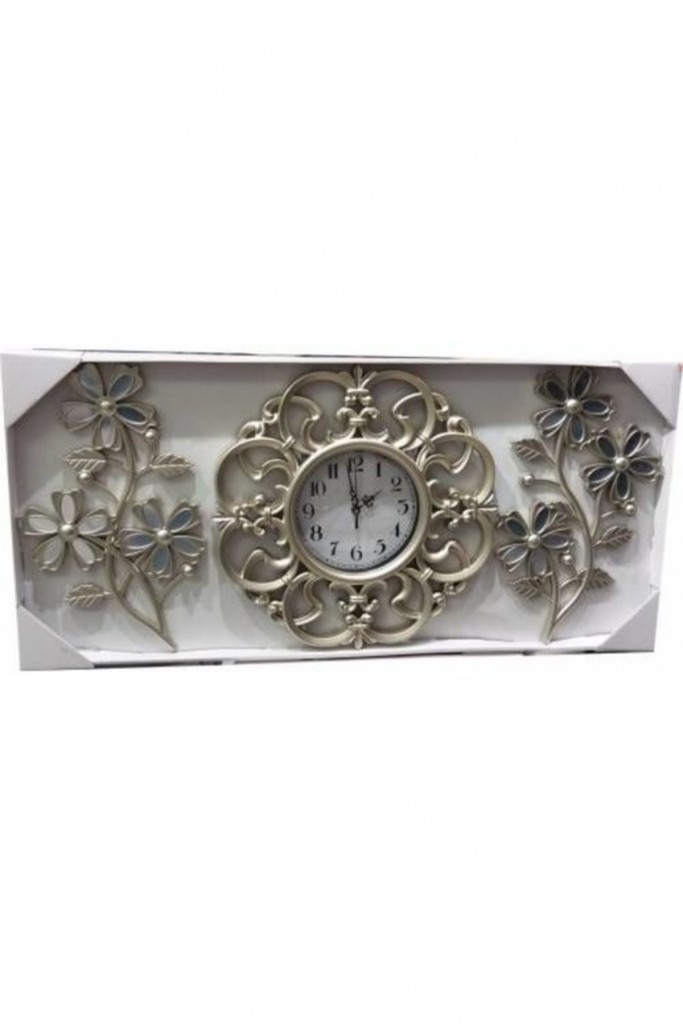 Üç 3 Parçalı Rustik Ferforje Gümüş 40 Cm Camlı Oymalı Duvar Saati