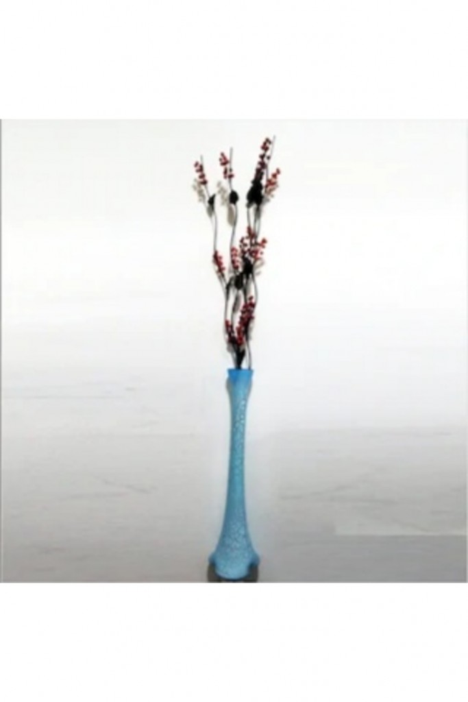 Uzun 15 Kırmızı Üzüm Çiçekli 5 Siyah Dal 60 Cm Mavi Çatlatma Vazo