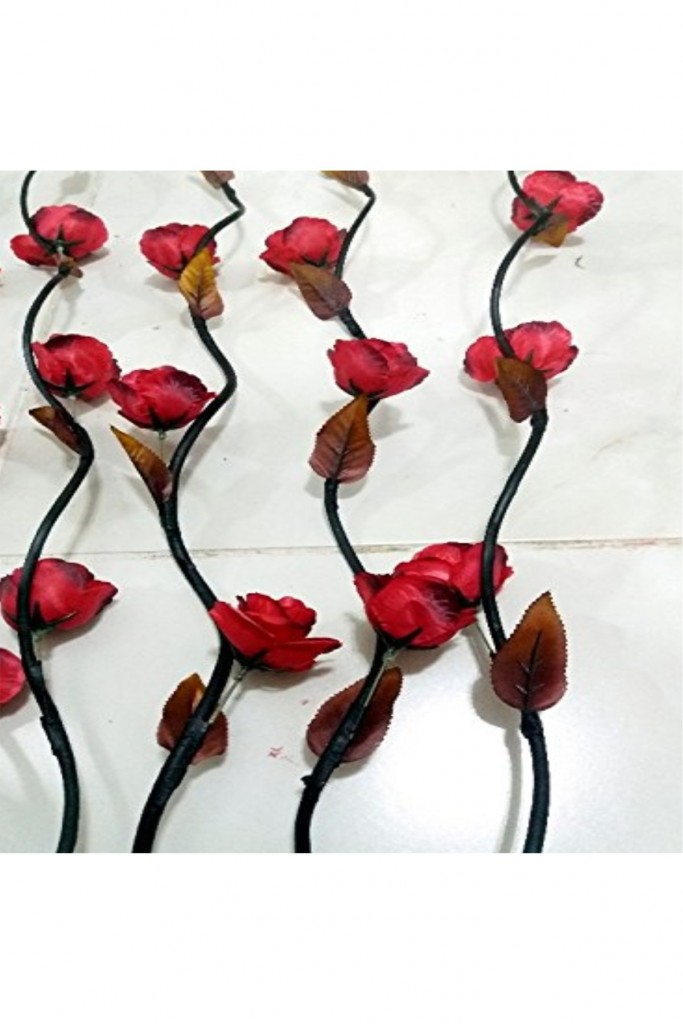 Uzun 5 Adet 160Cm Kırmızı Beyaz Krem Kahve Pembe 15 Çiçekli Siyah Dallı Renkli Çiçekler