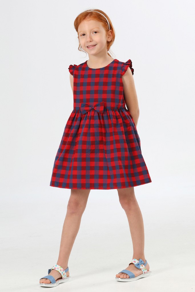 Kırmızı-Navy Ekoseli Kız Çocuk Elbise Lp-22Sum-064