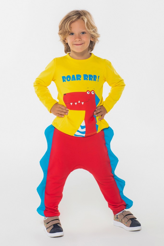 Dinozor Tırtırlı Erkek Çocuk Pantolon Tshirt Alt Üst Takım Znk-Ss-103