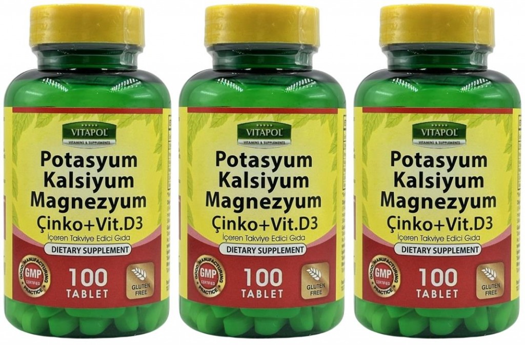 Vitapol Potassium Calcium Magnesium Zinc Vitamin D3 3X100 Tablet Potasyum Kalsiyum Magnezyum Çinko