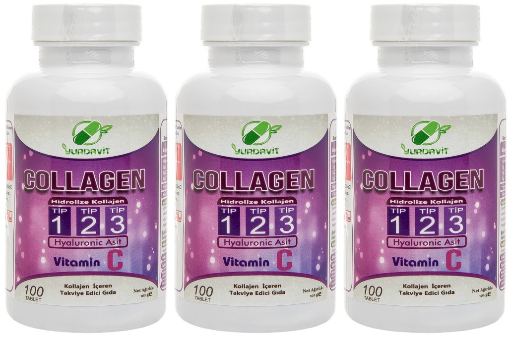 Yurdavit Hidrolize Collagen (Kolajen) Type (Tip) 1-2-3 Hyaluronic Acid Vitamin C 100 Tablet 3 Kutu