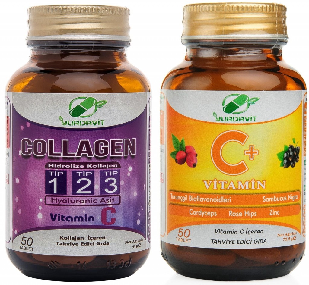 Yurdavit Set 50 Tablet Hidrolize Collagen Type 1-2-3 Hyaluronic Acid Vitamin C Vitamini 1000 Mg