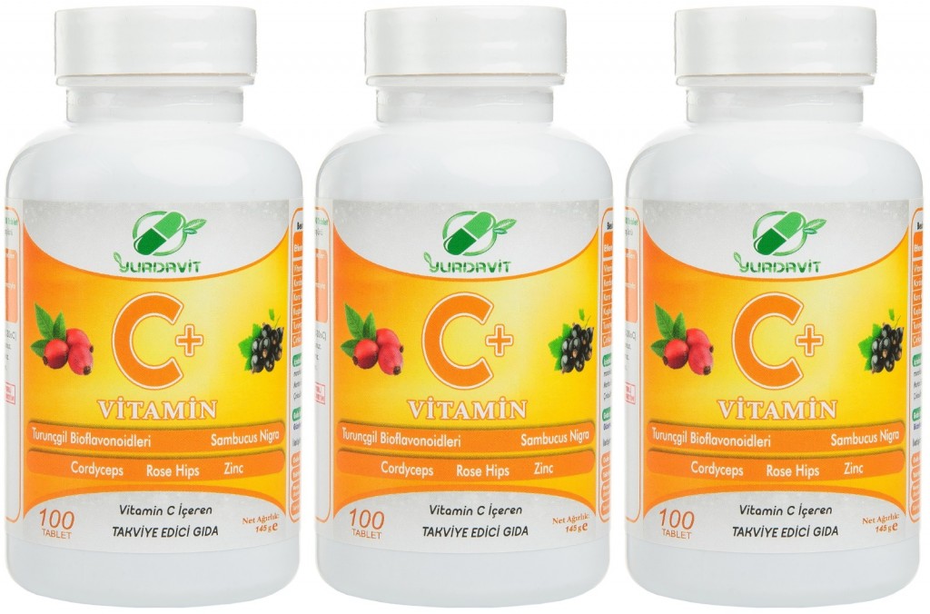 Yurdavit Vitamin C 1000 Mg Kara Mürver Kuşburnu Çinko Kordiseps Mantarı Turunçgil 3 Adet 100 Tablet