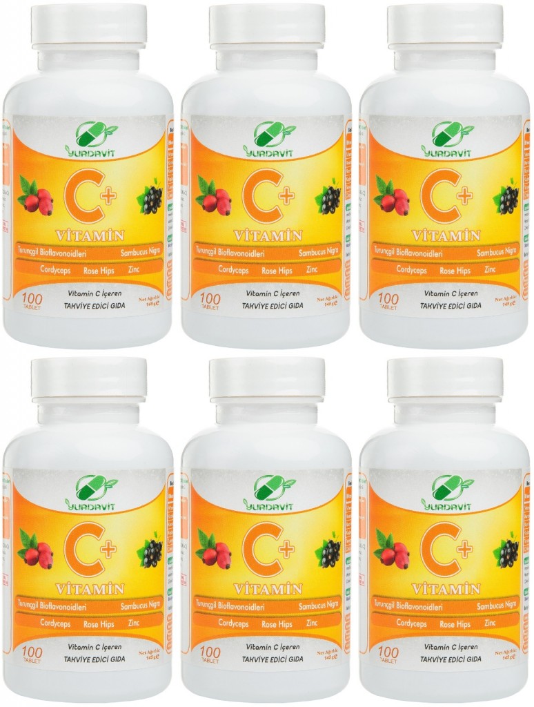 Yurdavit Vitamin C 1000 Mg Kuşburnu Kara Mürver Çinko Turunçgil Kordiseps 6 Adet 100 Tablet