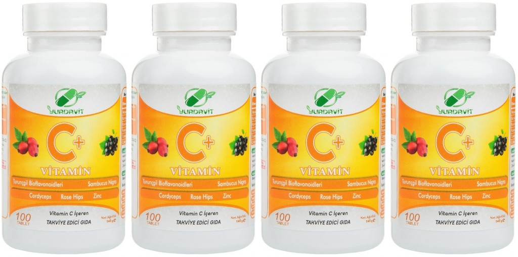 Yurdavit Vitamin C Vitamini 1000 Mg 4X100 Tablet Kuşburnu Çinko Kordiseps Mantarı Kara Mürver