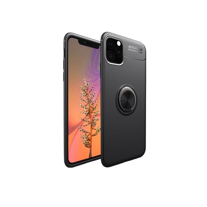 Iphone 11 Pro Max Kılıf Ravel Yüzüklü Silikon Siyah + Tam Kapatan Cam